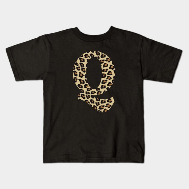 Letter Q Leopard Cheetah Monogram Initial Kids T-Shirt by squeakyricardo